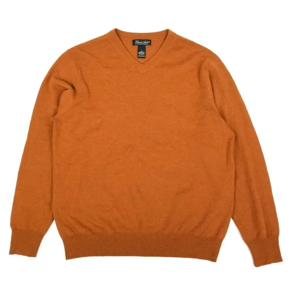 Garret Scott Orange Fine Merino Wool V-Neck L/S Sweater Old Money Quiet‎ Luxury